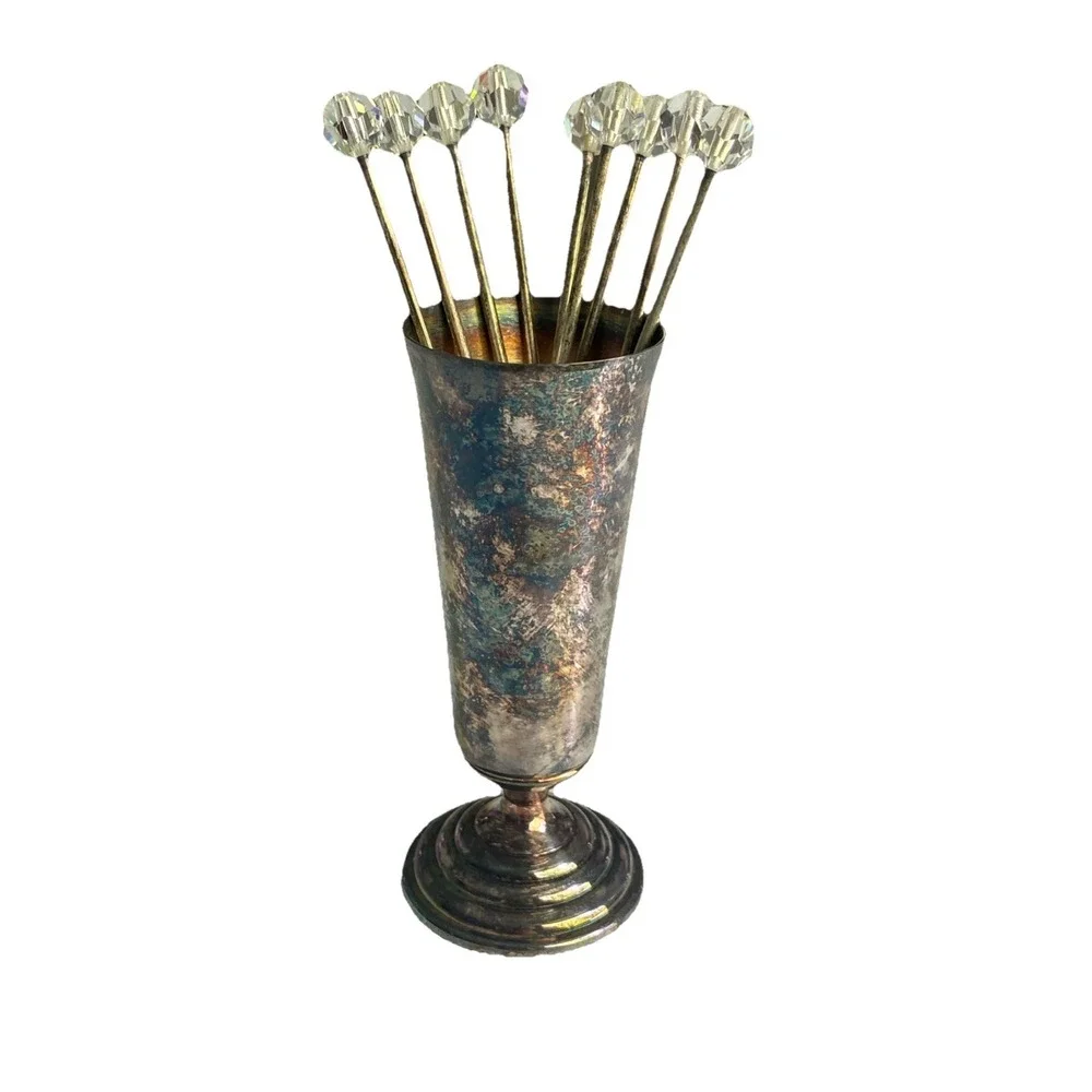 Vintage Silver Plate 1) holder & 9 Hatpins / Cocktail picks / Appetizer picks